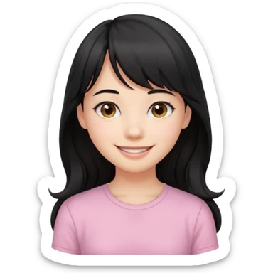 girl with long wavy black hair, straight bangs, white skin, smiling sticker