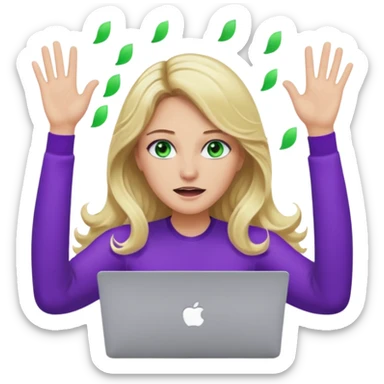 lady with long wavy blonde hair, purple top, green eyes, throwing her with a purple mac laptop hands in the air crying sticker