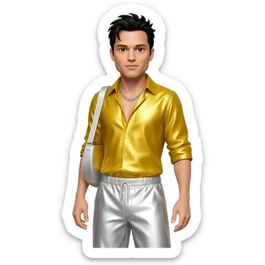 Jonathan Knight from NKOTB with brown eyes, black hair, yellow metallic shirt, white metallic baggy pants, silver necklace sticker