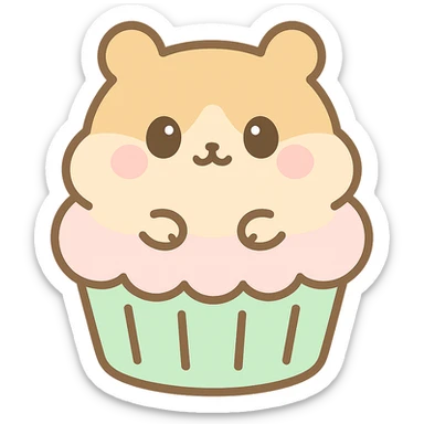 Create a kawaii style hamster cupcake inspired by the reference image. The cupcake should have a chubby face, pastel cream topping, and a soft, cute look with a matching pastel color palette. The hamster should be animal-looking from the front side. The background should be transparent. sticker