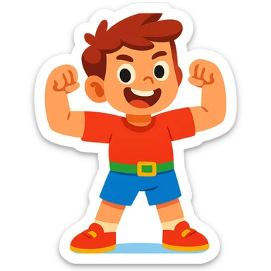 strong kid flexing muscles, energetic, cartoon style, vibrant colors sticker
