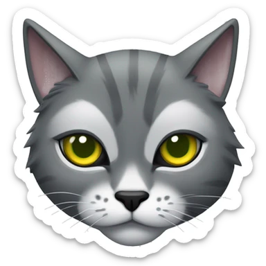 Tomcat with grey fur, white markings, yellow eyes wit green irises, black pupils, black bushy eyebrows and a black nose sticker