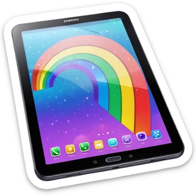 Realistic Samsung galaxy tablet, with a black holographic cover, that has a rainbow glitter effect sticker