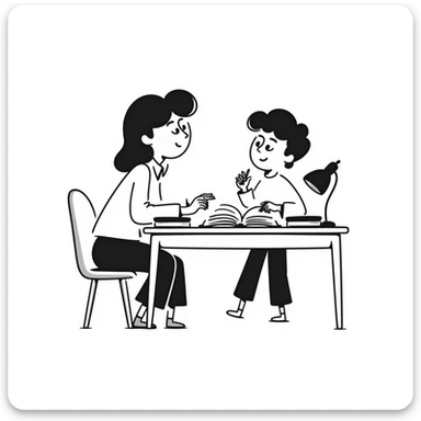 educator or speech therapist with child, who helps child with lessons sitting at the table sticker