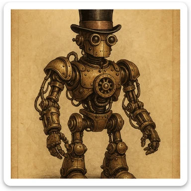 steampunk robot with top hat, mechanical arms, vintage look, Victorian style sticker