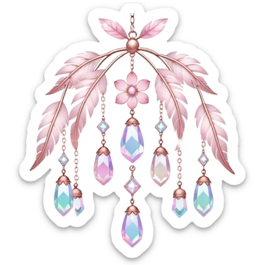 Hanging Iridescent pastel pink sakura crystals white-pearly suncatcher with bells and feathers CHANDELIER sticker