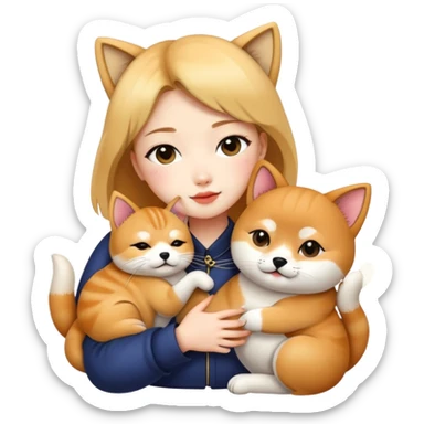 chinese fashion girl hugging  A Shiba Inu and a cat sticker