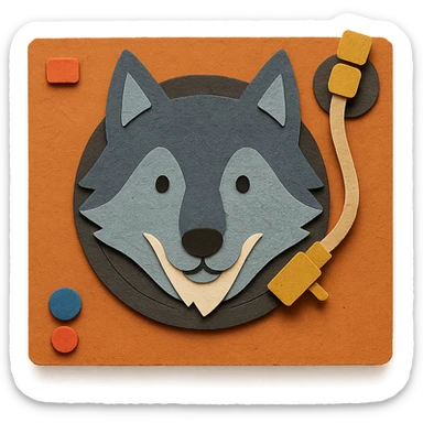 platine vinyle with integrated wolf head replacing the platter, paper cutout style sticker