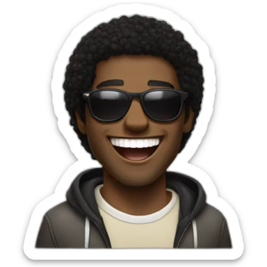 dark-skinned man, with black hair and brown eyes, dressed in skater style vans, wearing Osacruz sunglasses, is laughing. sticker