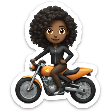 A brown skin girl with shoulder length curly black hair riding a black sports bike  sticker