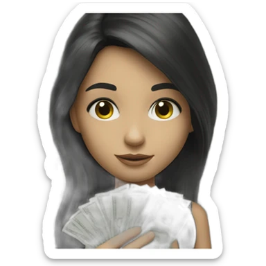 hyperrealist caucasian girl black long hair holding money sticker