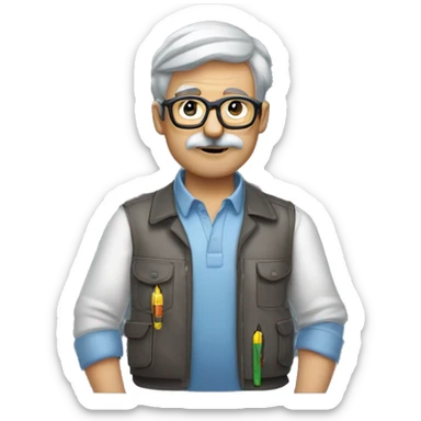 this man bit darker skin grey hair with less hair and light bear and moustache and thinner glasses and dressed like an electrician with just multimeter sticker