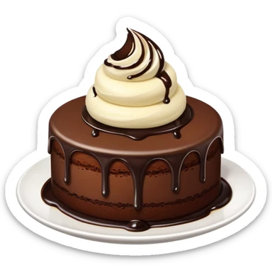 round chocolate cake with vanilla ice cream on a white plate, chocolate syrup on top, simple and bright emoji style sticker