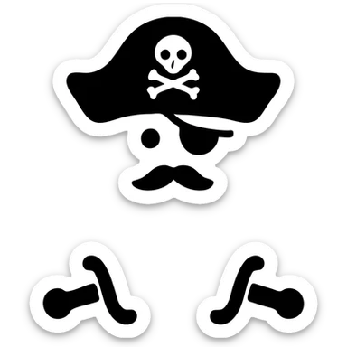 Change the swords and the pirate head to green. Ensure the background behind the swords and the head is pure white and hollow, with no black fill or shadow. Keep the hat black with the small skull-and-crossbones symbol. Maintain the clean, bold icon style. sticker