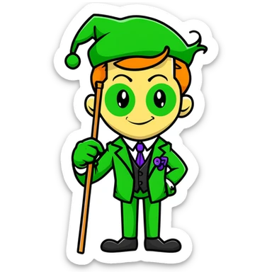 The Riddler villain with green suit, question mark cane, mischievous grin sticker