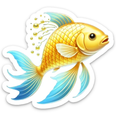 Mystical golden fish flowing in an omega shape, with its body transforming into streams of radiant energy that connect to a brain, heart, and joints. The fish appears magical and ethereal, with glowing scales and a luminous aura representing the essential nutrients of omega-3. sticker