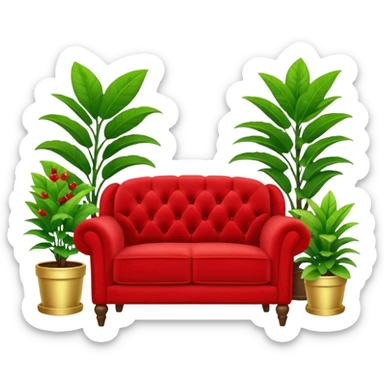 red velvet luxury loveseat with a mic in front, houseplant in back sticker