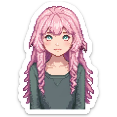 Change hair color to pastel pink, keep the same pixel art style and curtain bangs, with no background. sticker