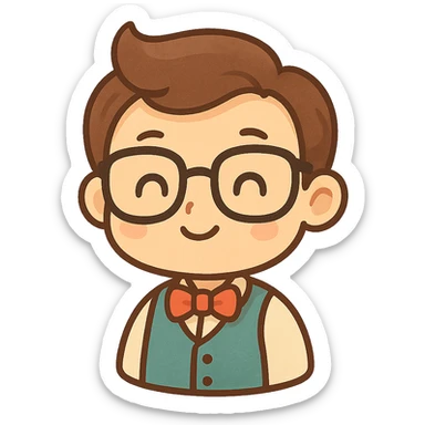 nerd character, glasses, friendly, simple design, cartoon style sticker