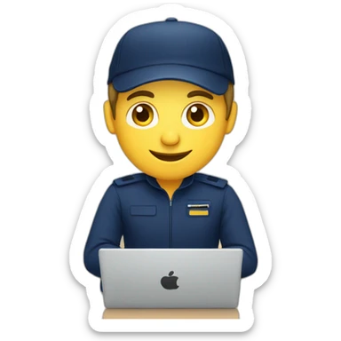 european guy wearing navy cap using laptop sticker