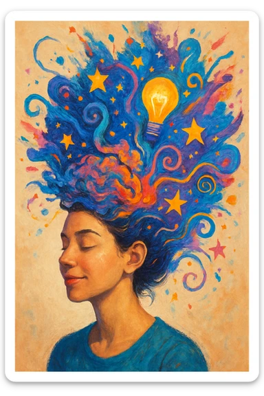 a stylized woman with her brain exploding in a burst of color and ideas, surreal, imaginative, no violence sticker