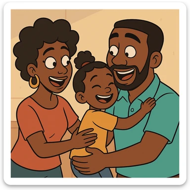 African parents, vibrant clothing, expressive faces, family scene, cartoon style sticker