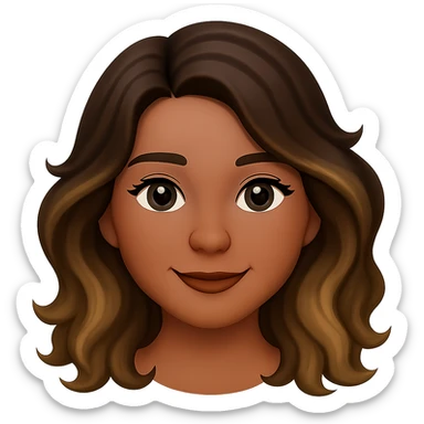 Make her eyes a little darker, give her a rounder face, and a soft smile. Keep the iPhone emoji style with long wavy hair with brown roots and blonde highlights, brown eyebrows, and summer tan. Maintain the transparent background. sticker