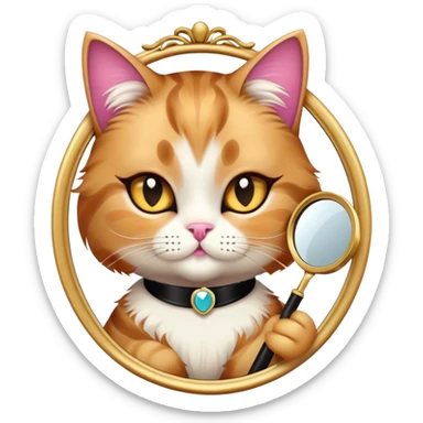 fluffy glamorous cat, dramatic eyeliner, holding tiny mirror, posing like a diva, emoji-style, fashion editorial lighting sticker