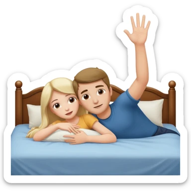 A bed with a girl laying down and a man putting his hand up. sticker
