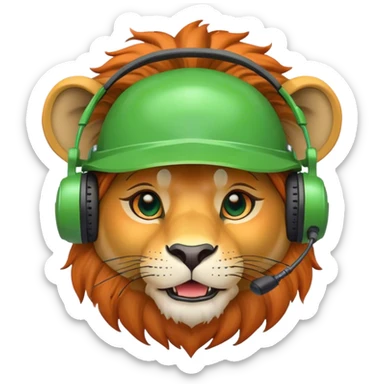 Head of Simple cute Lion wear helmet and call center headset in green and orange theme in 2d animate style sticker