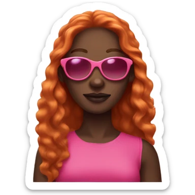 Dark skinned Lady wearing pink sunglasses, long ginger hair, sticker