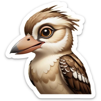 Cinematic Comical Kookaburra Portrait Emoji, Head tilted dramatically with an exaggeratedly amused expression, featuring a strikingly patterned brown and cream plumage with wide, expressive eyes filled with playful disbelief, Simplified yet hilariously expressive features, highly detailed, glowing with a slightly sassy glow, high shine, dramatic yet playful, stylized with an air of cheeky bushland mischief, bright and endearing, soft glowing outline, capturing the essence of a spirited and over‐the‐top kookaburra, so meme‐worthy it feels like it could cackle its way into internet fame instantly! sticker