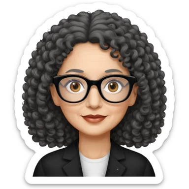 femme 60 ans cheveux gris foncé très bouclé longs et yeux marrons foncé,  lunettes rectangle noir sticker