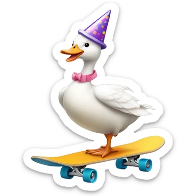 White goose wearing birthday party hat riding skateboard sticker