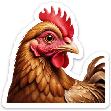 Cinematic Cute Brown Chicken Portrait Emoji, Head tilted playfully and inquisitively, featuring a lustrous brown feathered coat with a natural sheen and a subtle red comb, round, sparkling beady eyes filled with curiosity, Simplified yet irresistibly adorable features, highly detailed, glowing with a warm, friendly glow, high shine, affectionate and lively, stylized with a touch of country charm, bright and endearing, soft glowing outline, capturing the essence of a mischievous yet loving chicken, so playful it feels like it could peck out of the screen and into your arms! sticker