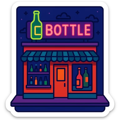 bottle shop, exterior view, neon sign, night scene, vibrant colors, cartoon style sticker