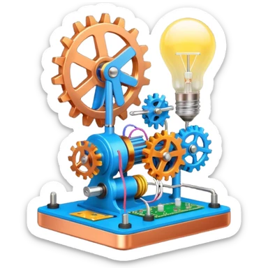 science, chemicals, mechanical gears, electronics, electric wires, light bulb, LED, resistors, circuit board, ic, physics,  nuclear model sticker