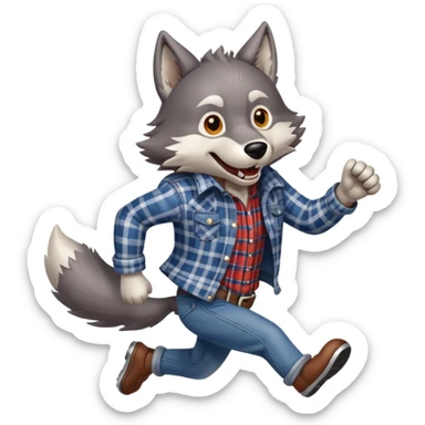 friendly anthropomorphised wolf in plaid and jeans running, energetic pose sticker