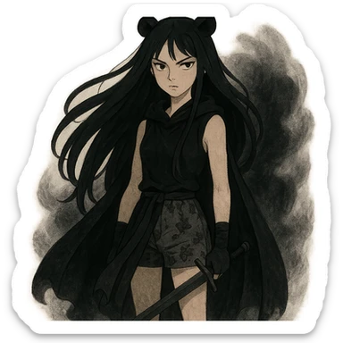 mysterious gothic female fighter with long flowing black hair, sharp intense eyes, small black bear ears, sleeveless black ritual robe top, gray combat shorts with dark floral pattern, quiet but commanding presence, soft dark aura sticker