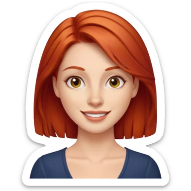 emoji of a 30-year-old woman with a more mature appearance, lady-like features, red hair, cheerful expression sticker