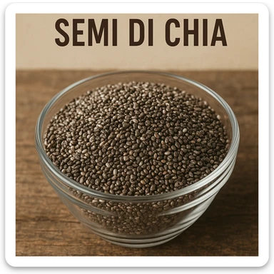 photo realistic chia seeds in a transparent bowl with the text 'semi di chia' in Italian sticker