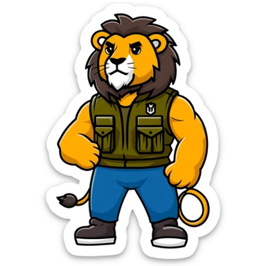 muscular lion wearing a military vest sticker