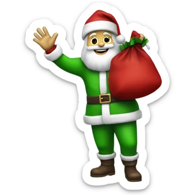 Santa Claus in a green suit waving with his left hand holding a red sack over his right shoulder sticker