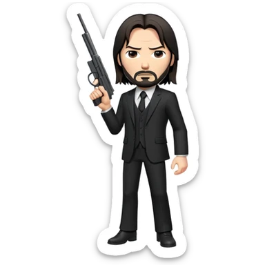 John Wick in black suit with long hair, determined expression, holding a gun sticker