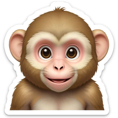 Cinematic Cute Macaque Portrait Emoji, Head tilted playfully and inquisitively, with a charmingly mischievous face accented by soft, fuzzy fur and round, sparkling eyes filled with curiosity, Simplified yet irresistibly adorable features, highly detailed, glowing with a warm, friendly glow, high shine, affectionate and lively, stylized with a touch of primate whimsy, bright and endearing, soft glowing outline, capturing the essence of a playful macaque that seems as if it could jump out of the screen into your arms! sticker