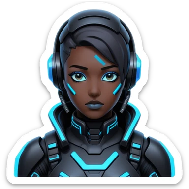 A futuristic cyberpunk soldier, black exosuit, neon blue accents sticker