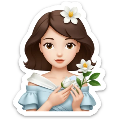 Pretty lady wearing a white silky off-the-shoulder folded neckline and holding a white flower on her right hand sticker