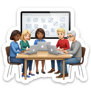 design team at a table with laptops and sketches sticker