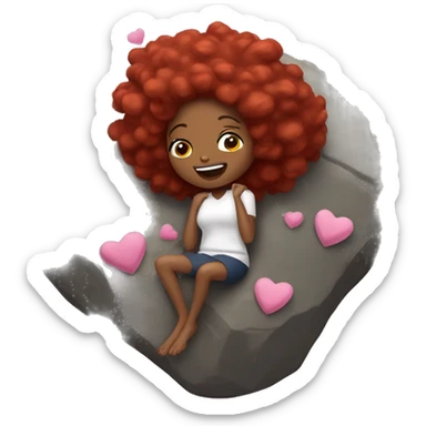 A black woman laying on her back on a rock, sick, red hair plats, butter flies around, pink hearts sticker