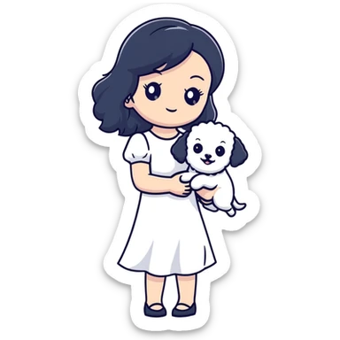 A beautiful girl with long black hair wearing a white dress holds a small white Bichon Frise in her arms sticker
